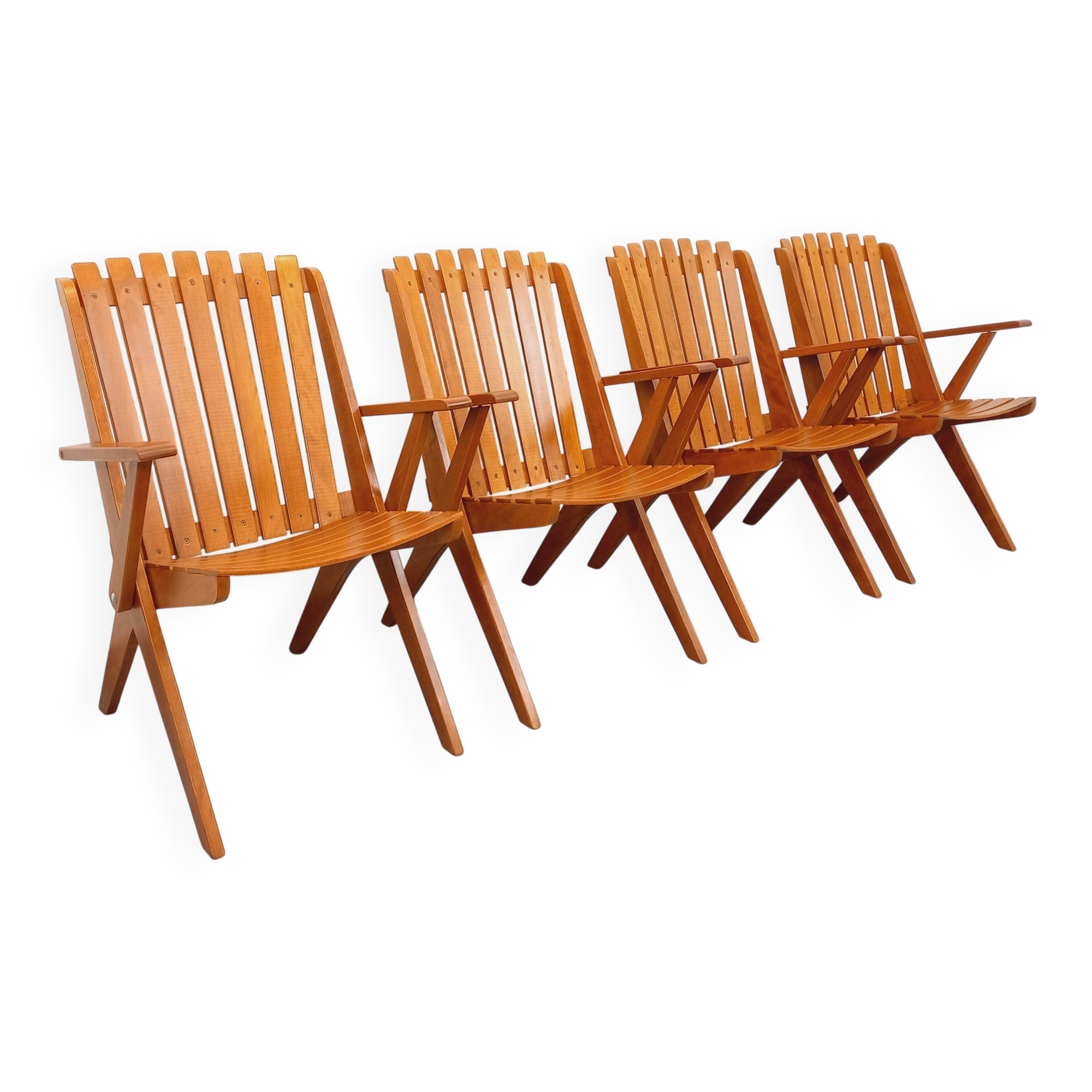 Set of 4 vintage garden chairs made of beech wood from the 1960s.