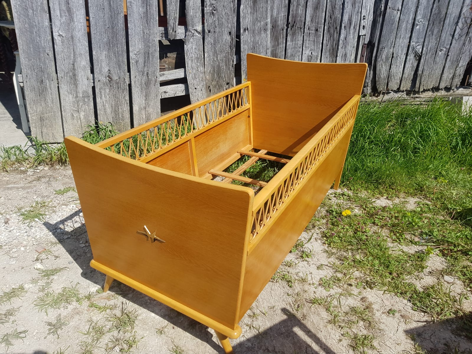 Scandinavian children's bed, wooden compass feet with vintage curved rattan