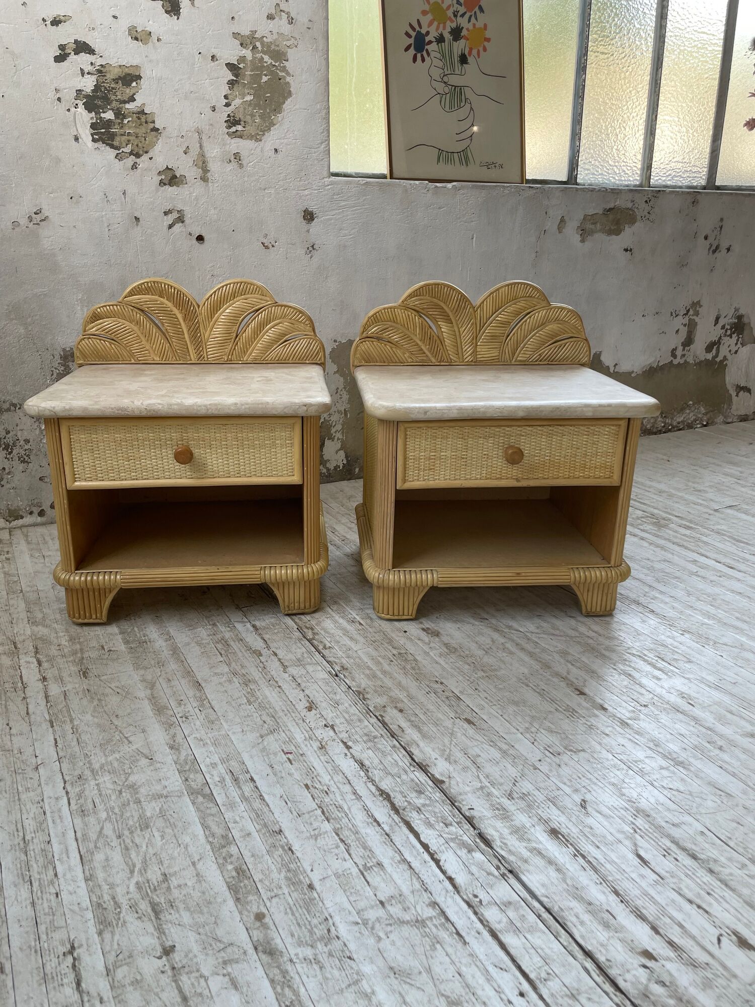 Pair of travertine bedside and rattan palm tree "vivai del sud"