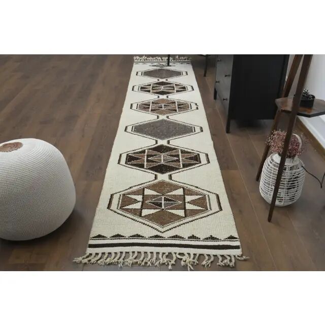 1970s Vintage Turkish Hand-Knotted Wool Cotton Beige Runner Rug 81x388