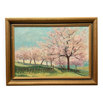 Oil on canvas trees in bloom 20th century by J. Vuillet 1987