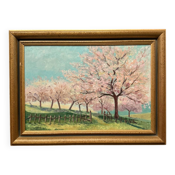 Oil on canvas trees in bloom 20th century by J. Vuillet 1987