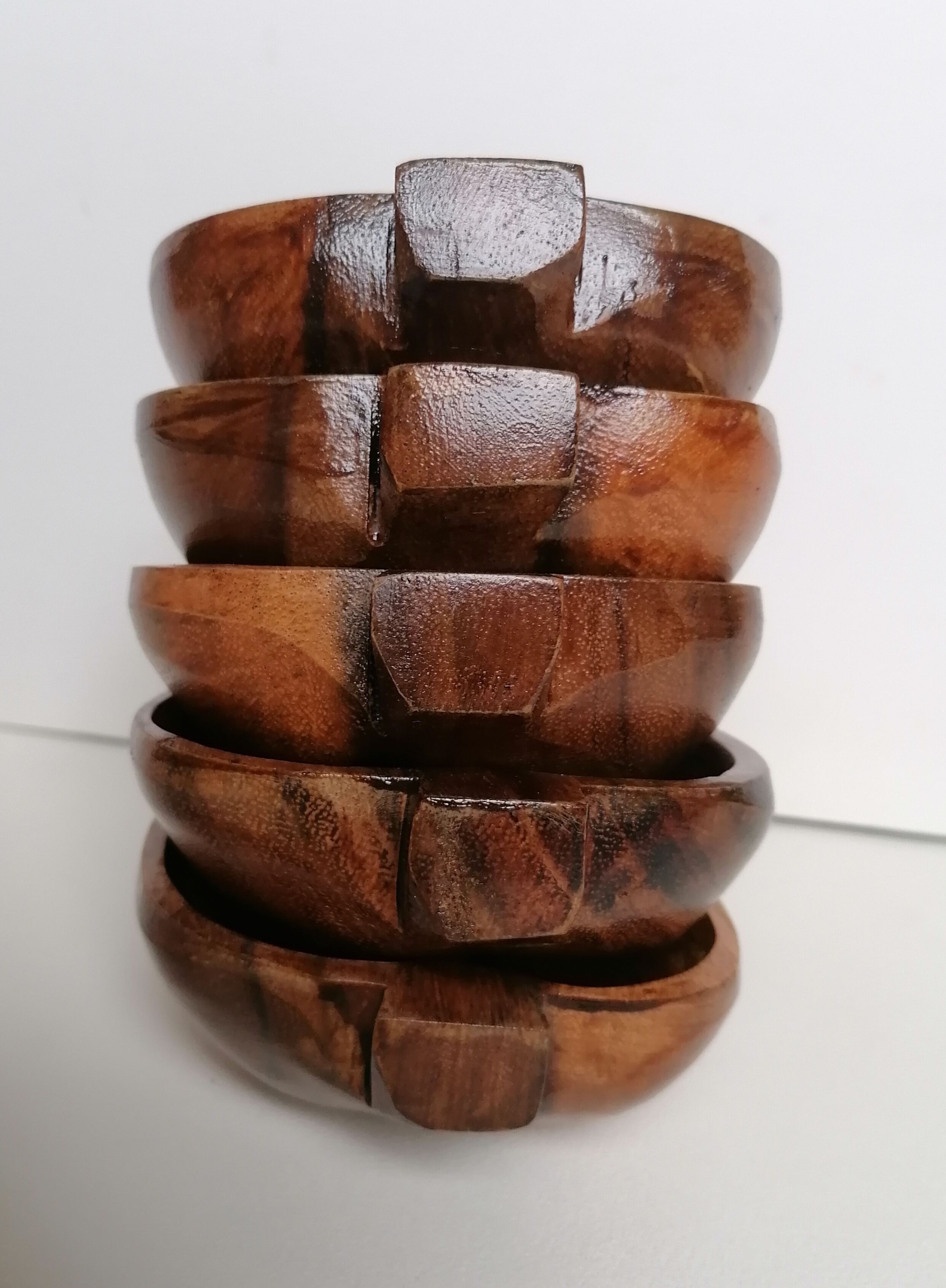 5 pear-shaped teak wood cups