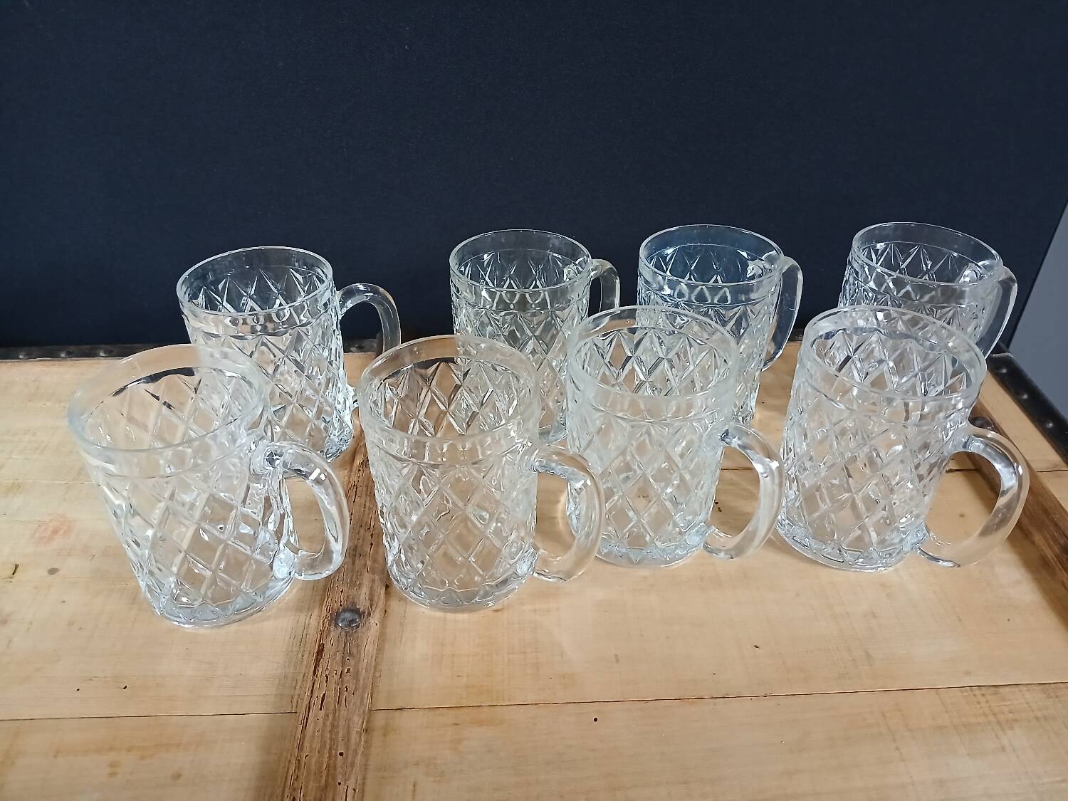 8 antique chiseled glass glasses / mugs