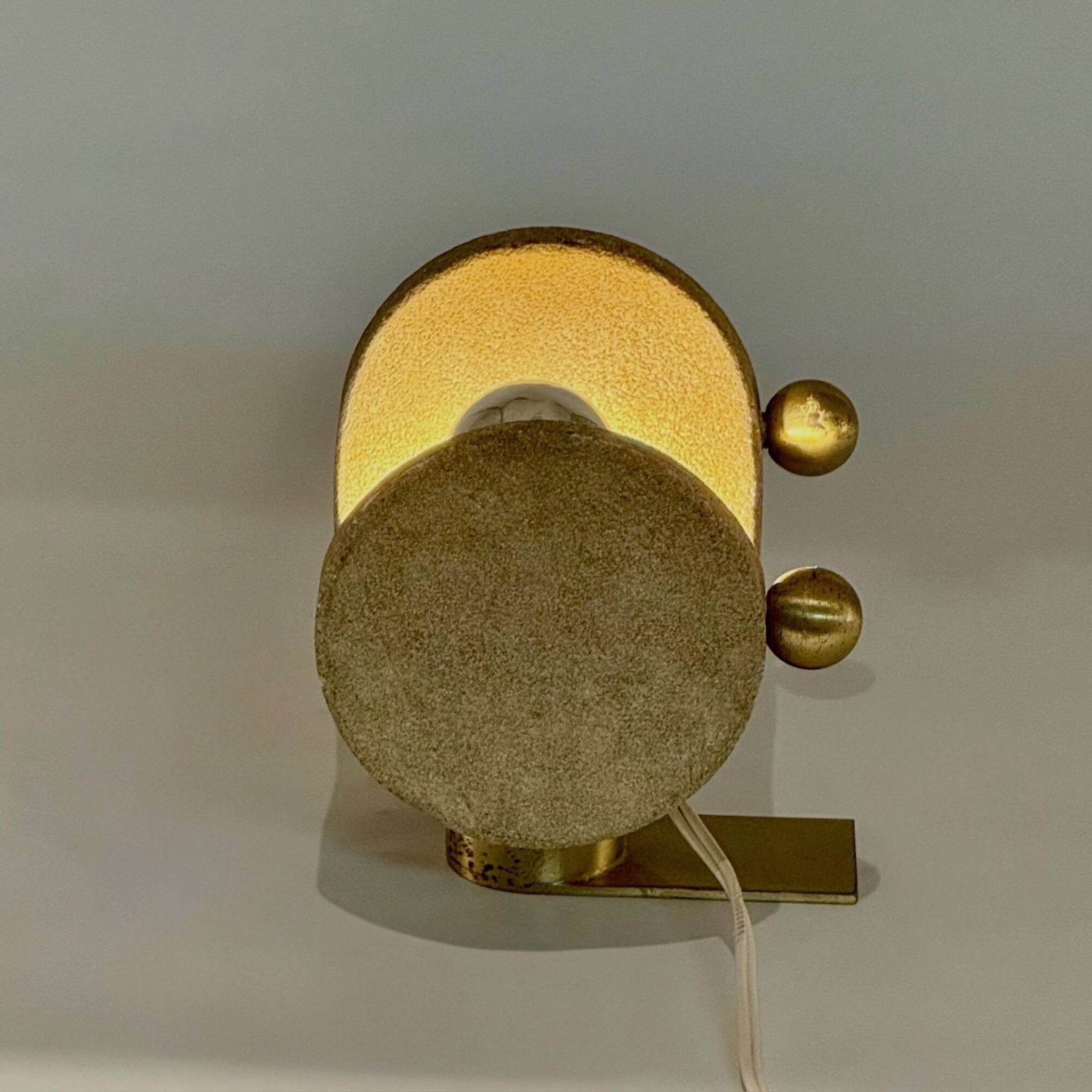 Brutalist Italian Light in Stone and Brass – 1970s Table Lamp