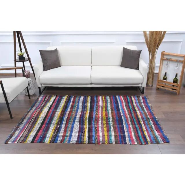 Tapis kilim vintage turc Oushak fait main en laine et coton bleu
