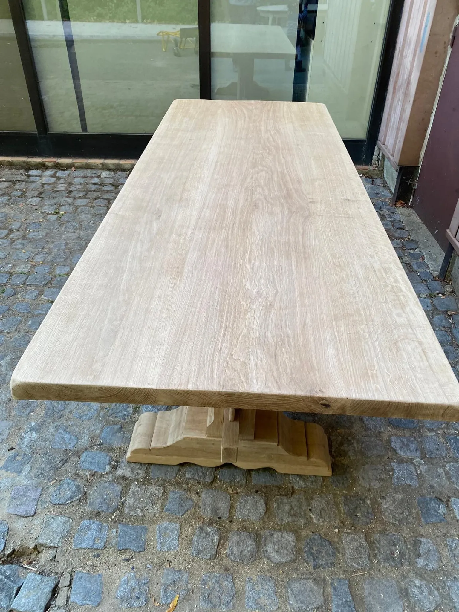 Large stripped monastery table in raw solid oak 225cm 1970