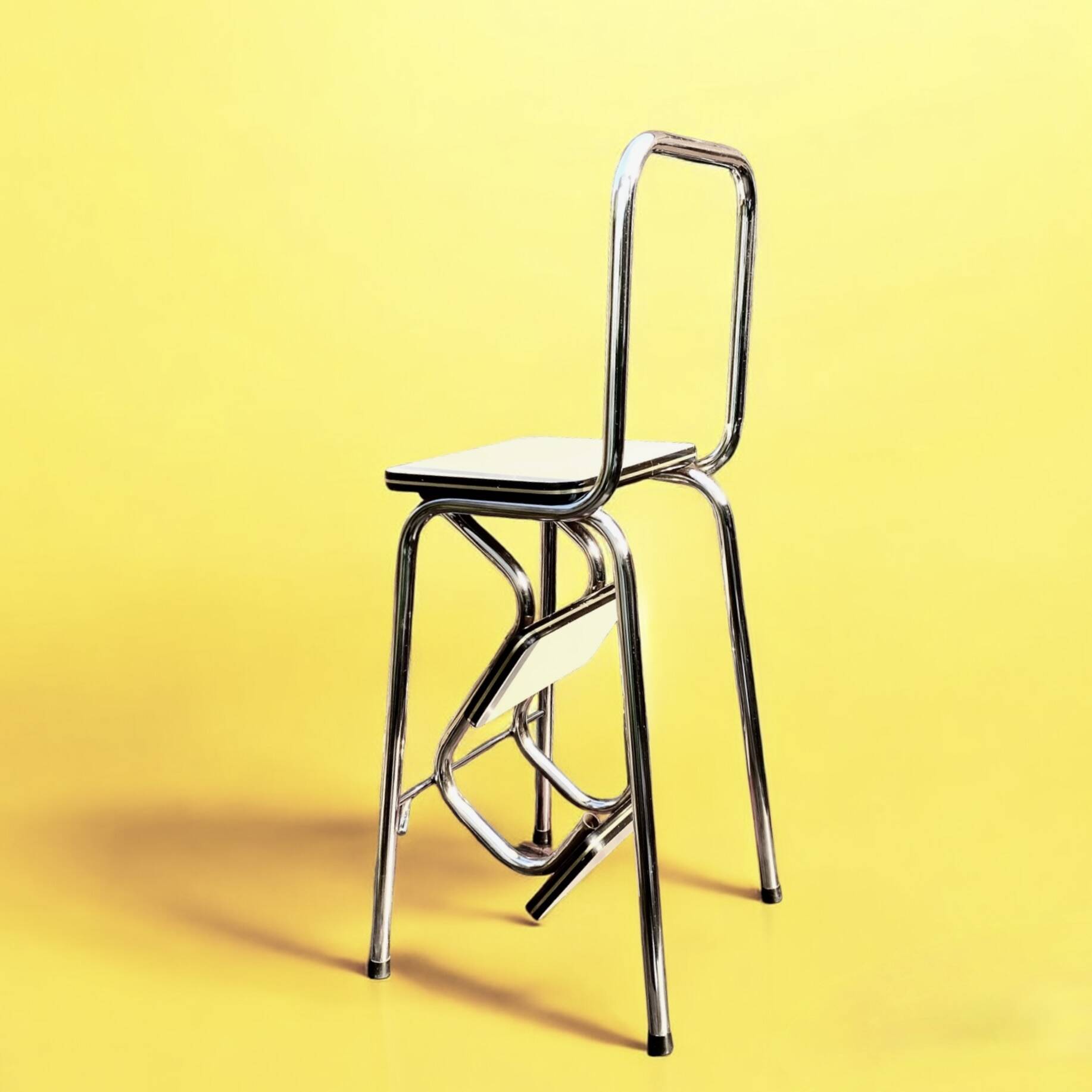 Vintage stepladder in Formica, wood and chromed metal