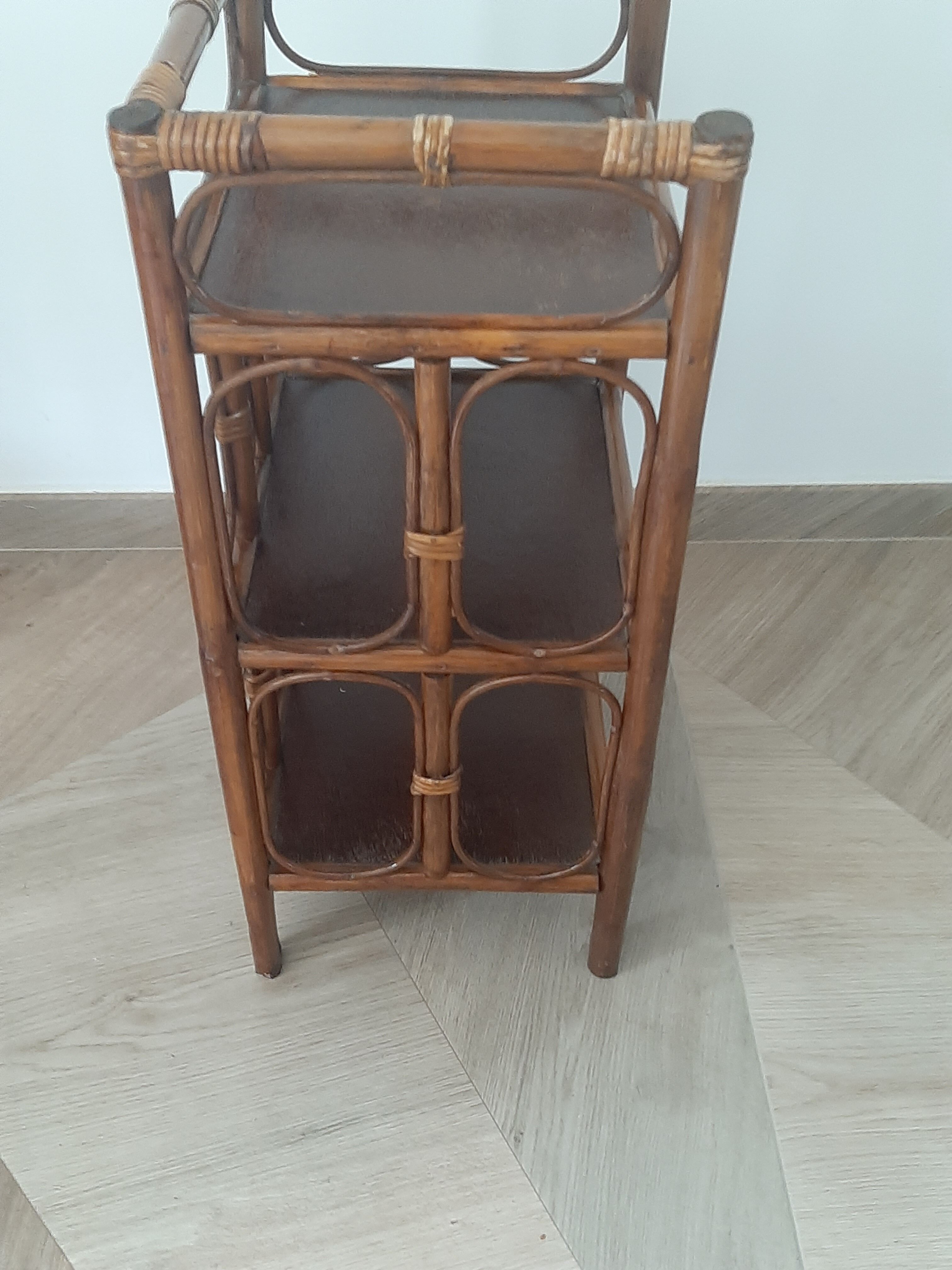 Vintage - set of 2 shelves of wooden floor, bamboo and rattan - 3 levels- retro 80s