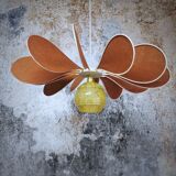 Pendant light flower 12 blades linen, rattan and glass globe of Clichy