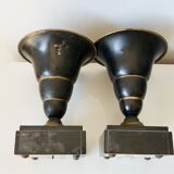 Pair of Art Deco enamelled brass casseroles, black and white marble base