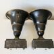 Pair of Art Deco enamelled brass casseroles, black and white marble base