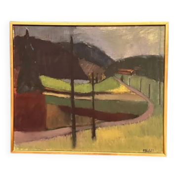 Original Swedish Oil on Canvas – “Landscape” by Anna‑Stina Lorentze Nilstoft (1928–2017) –Vintage & Framed – 59 × 68 cm (23.2" × 26.8")