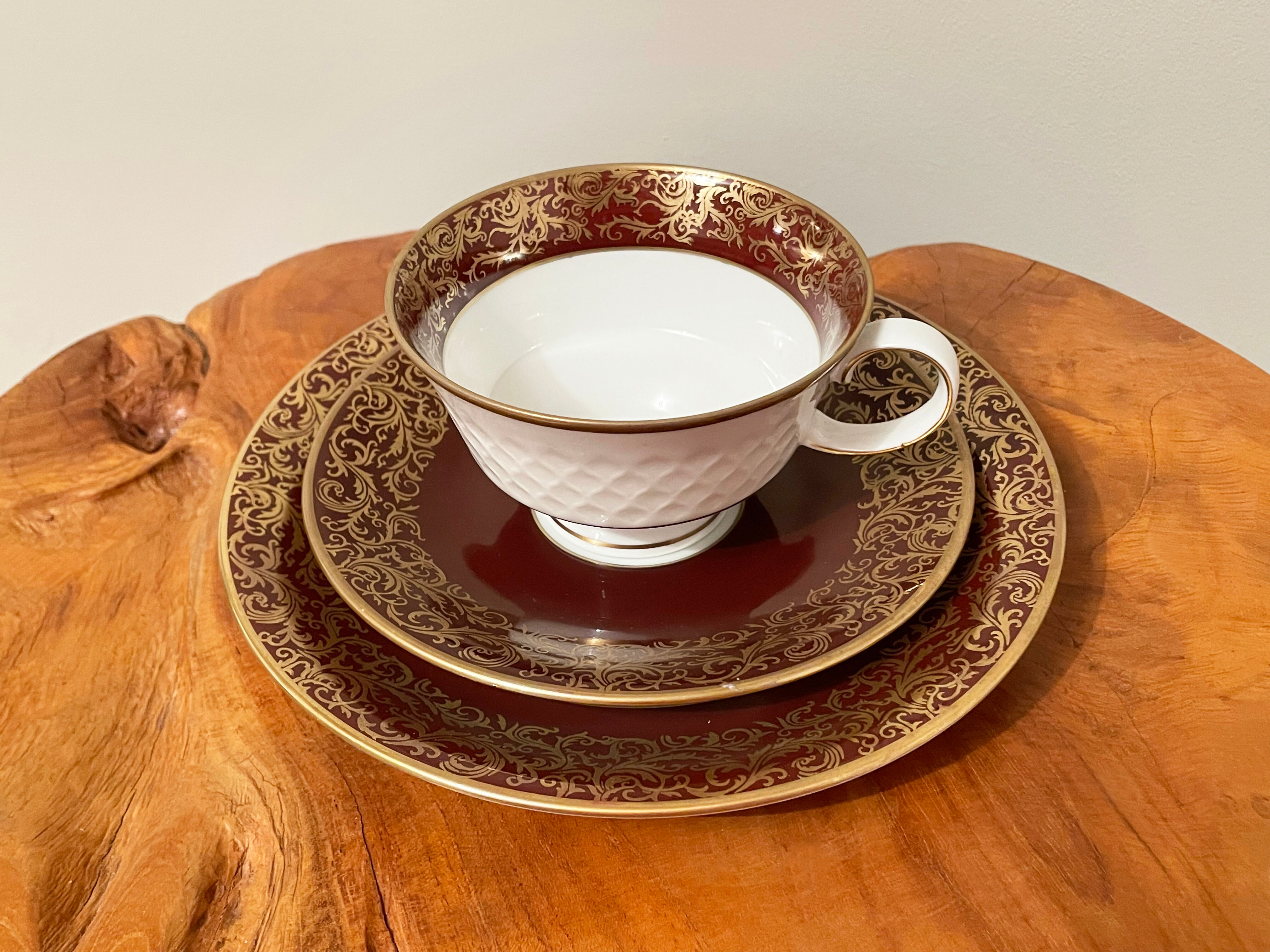 Reichenbach brown teacup trio set with saucer and plate, east-german fine china made in 1968-1990