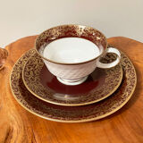 Reichenbach brown teacup trio set with saucer and plate, east-german fine china made in 1968-1990