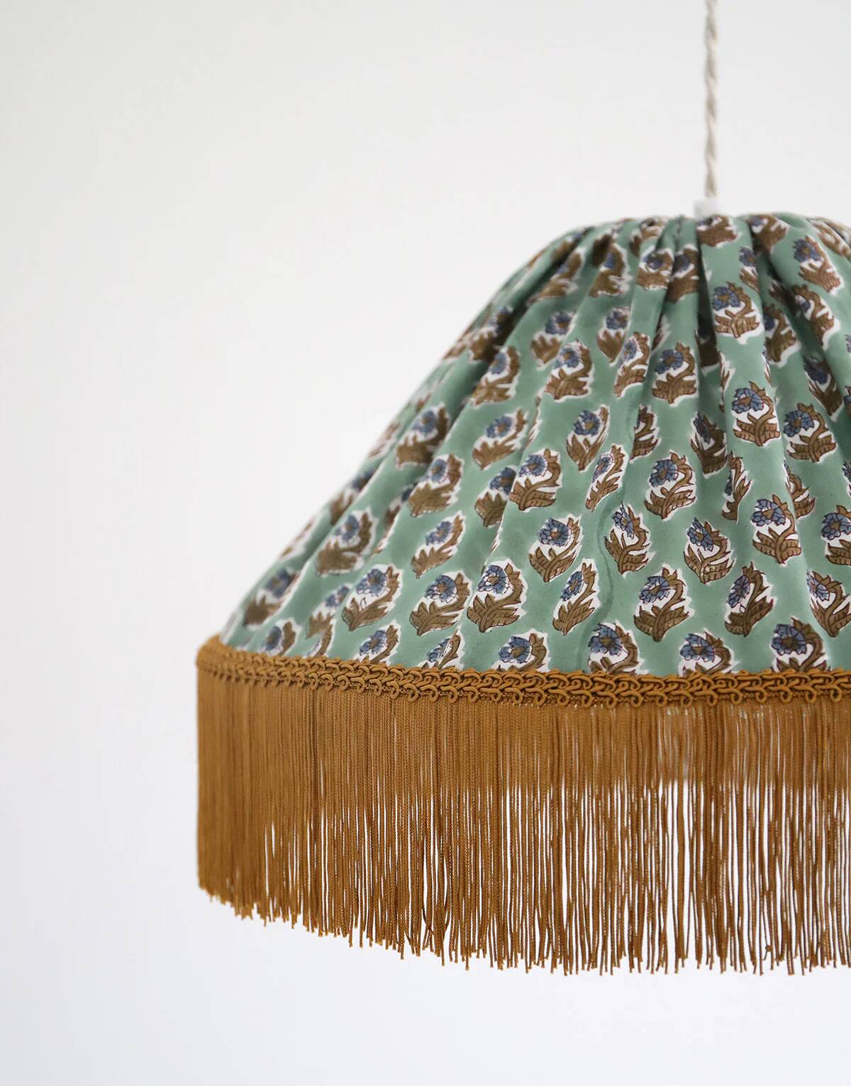 Bella conical textile pendant light with "bohemian flora" print