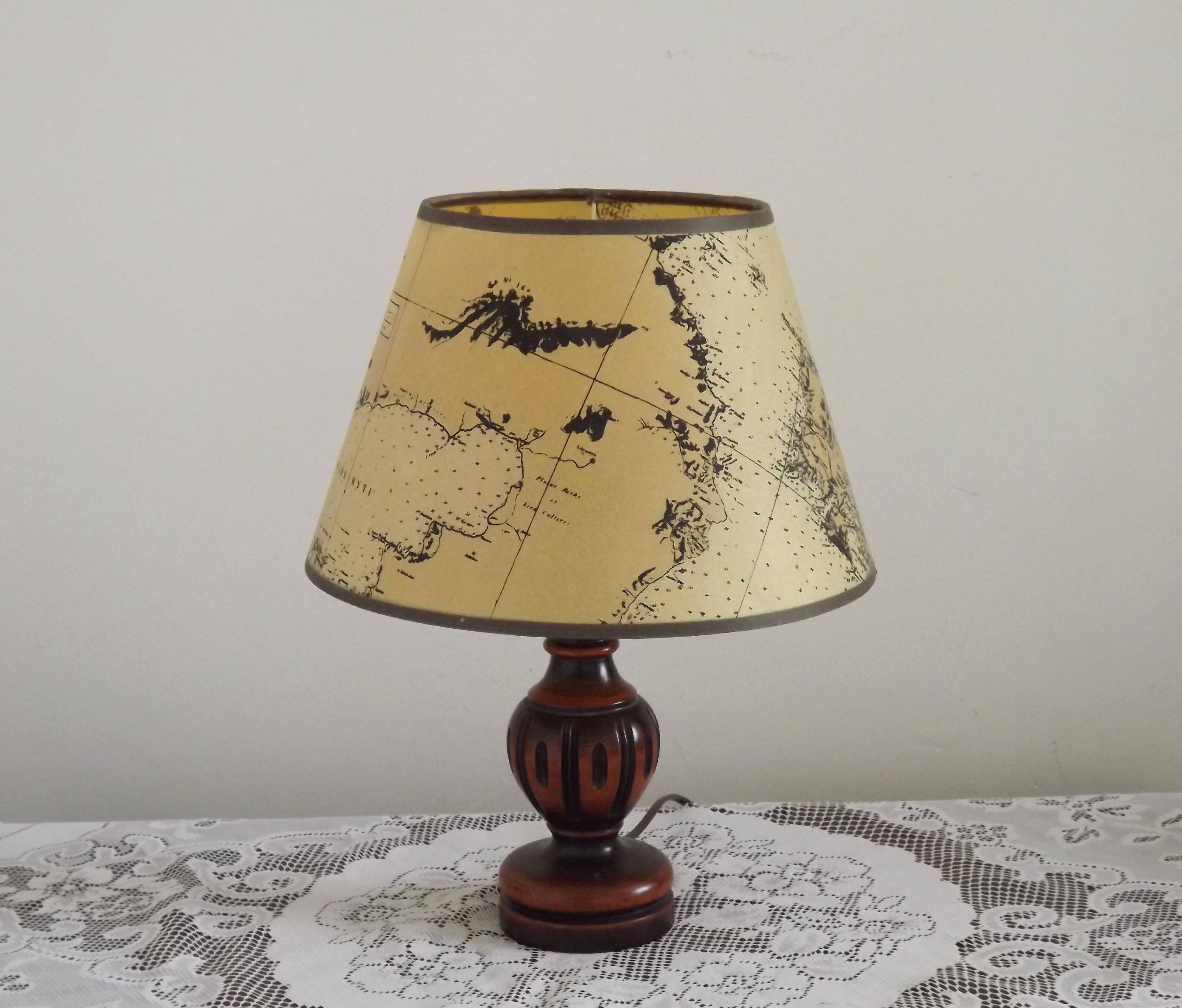 French Mid Century Round Turned Wood Grooved Table Lamp Map Detail Shade