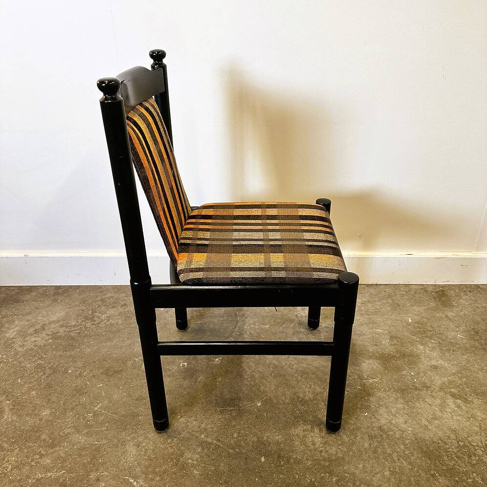 Set of 6 black lacquered chairs with the original 1970s fabric.