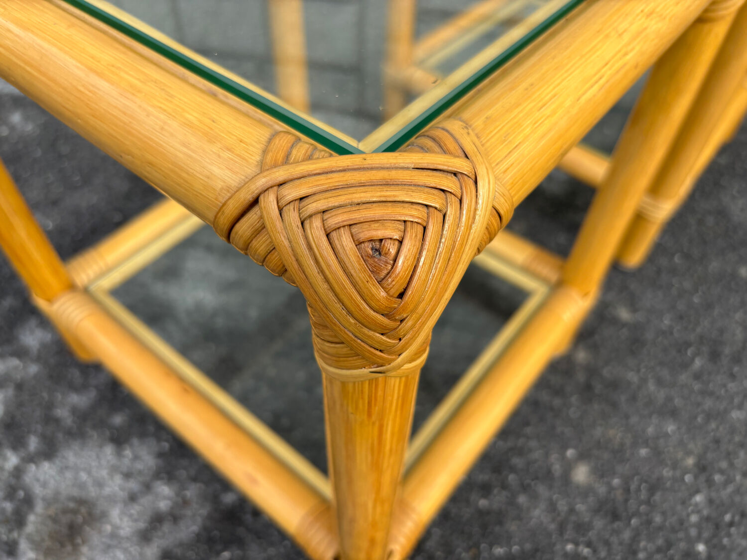 Pair of rattan and glass side tables – 1970s vintage style