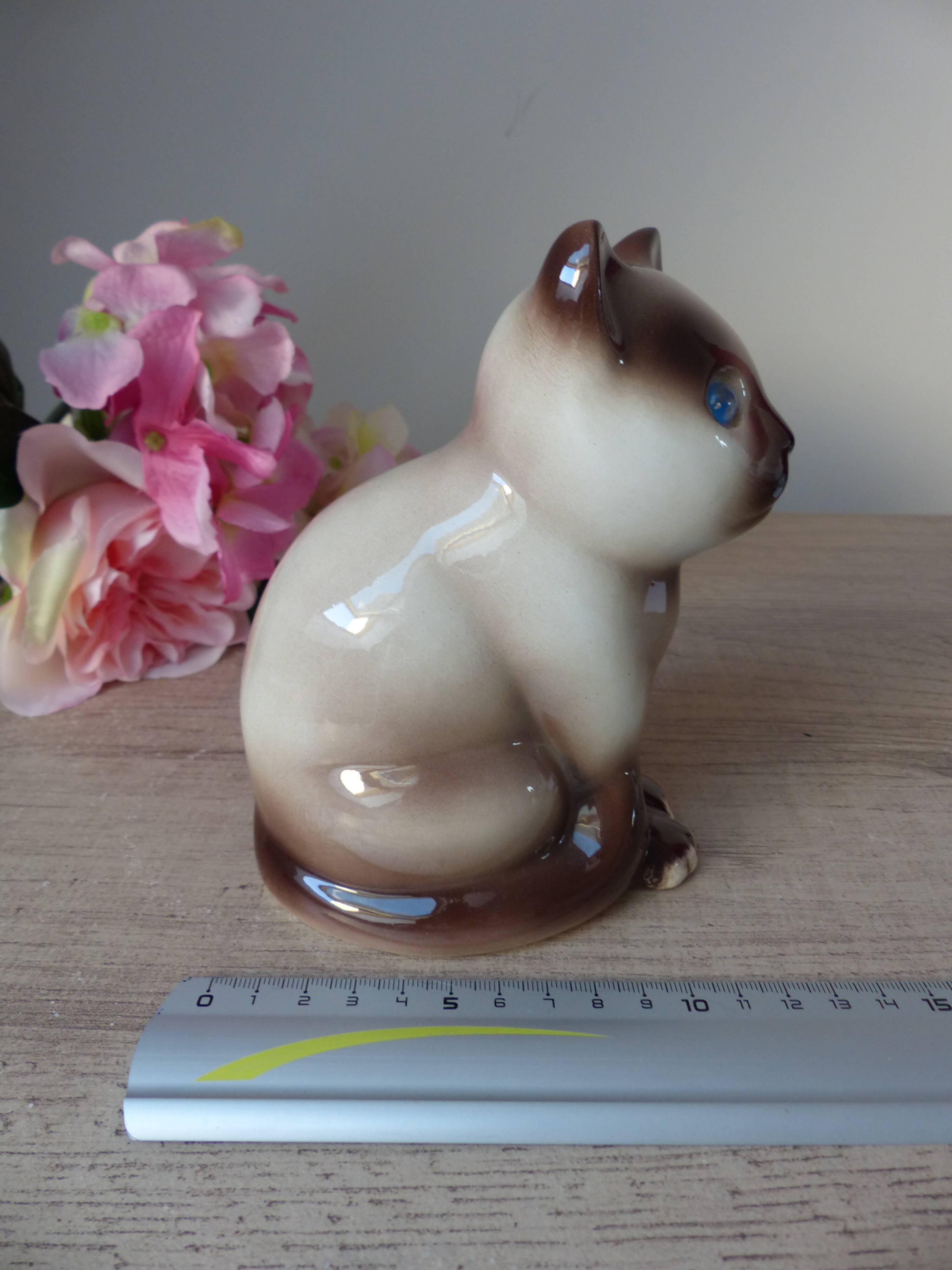 Vintage Siamese Brown Kitten Figurine with Blue Eyes Ceramic Elpa Alcobaca