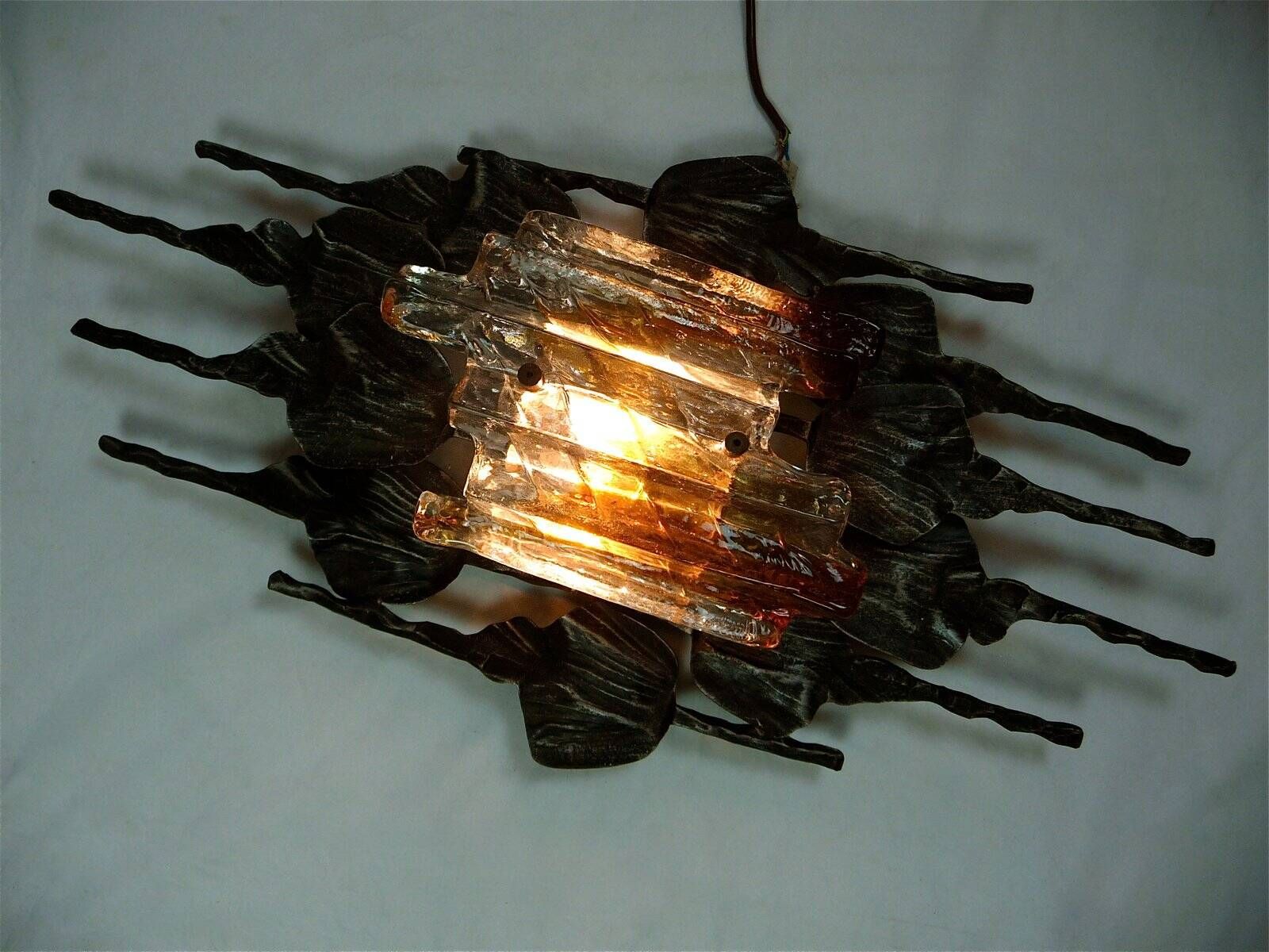 Large brutalist iron & ice Murano glass sconce / wall lamp, 1960s