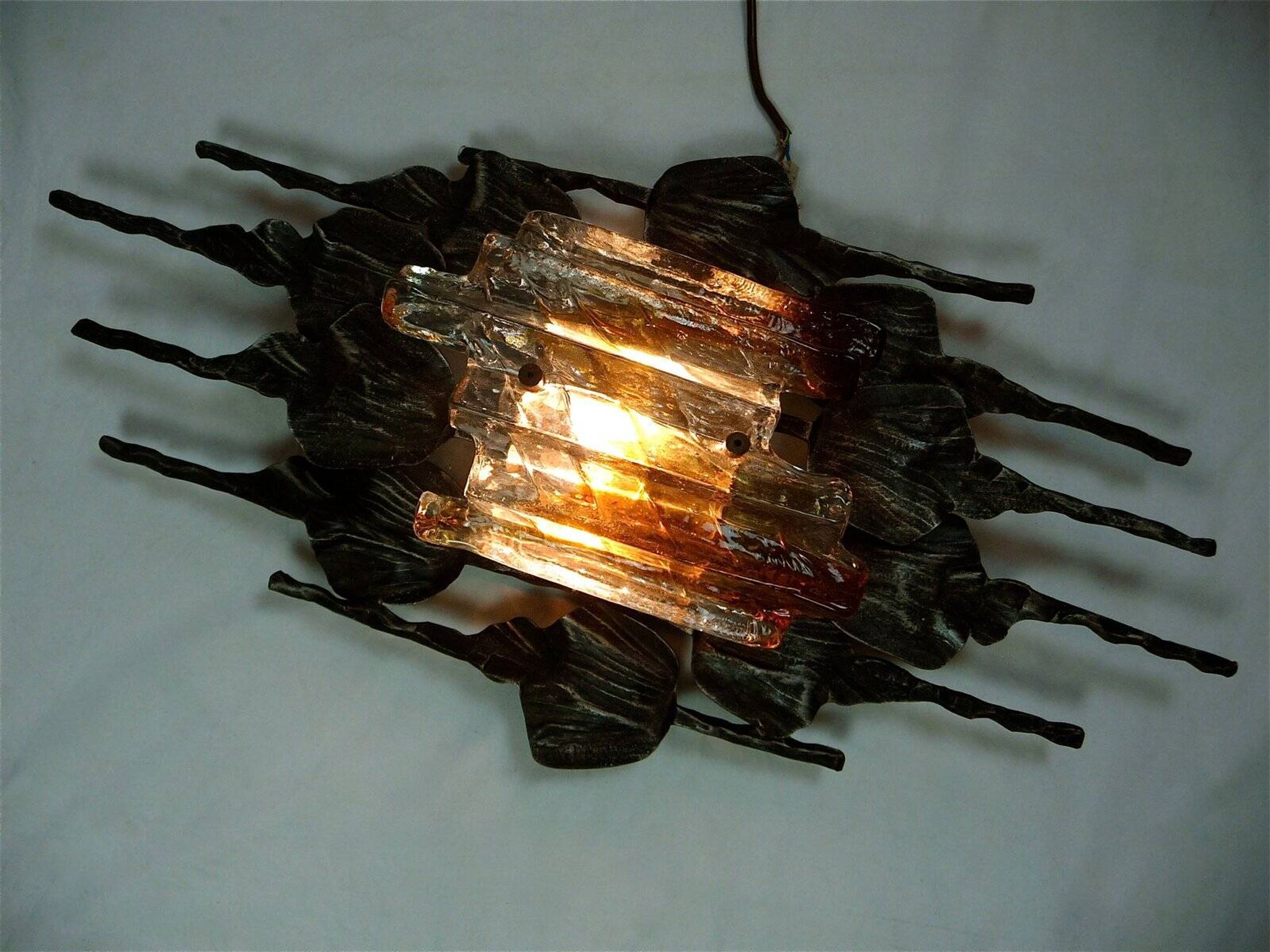 Large brutalist iron & ice Murano glass sconce / wall lamp, 1960s