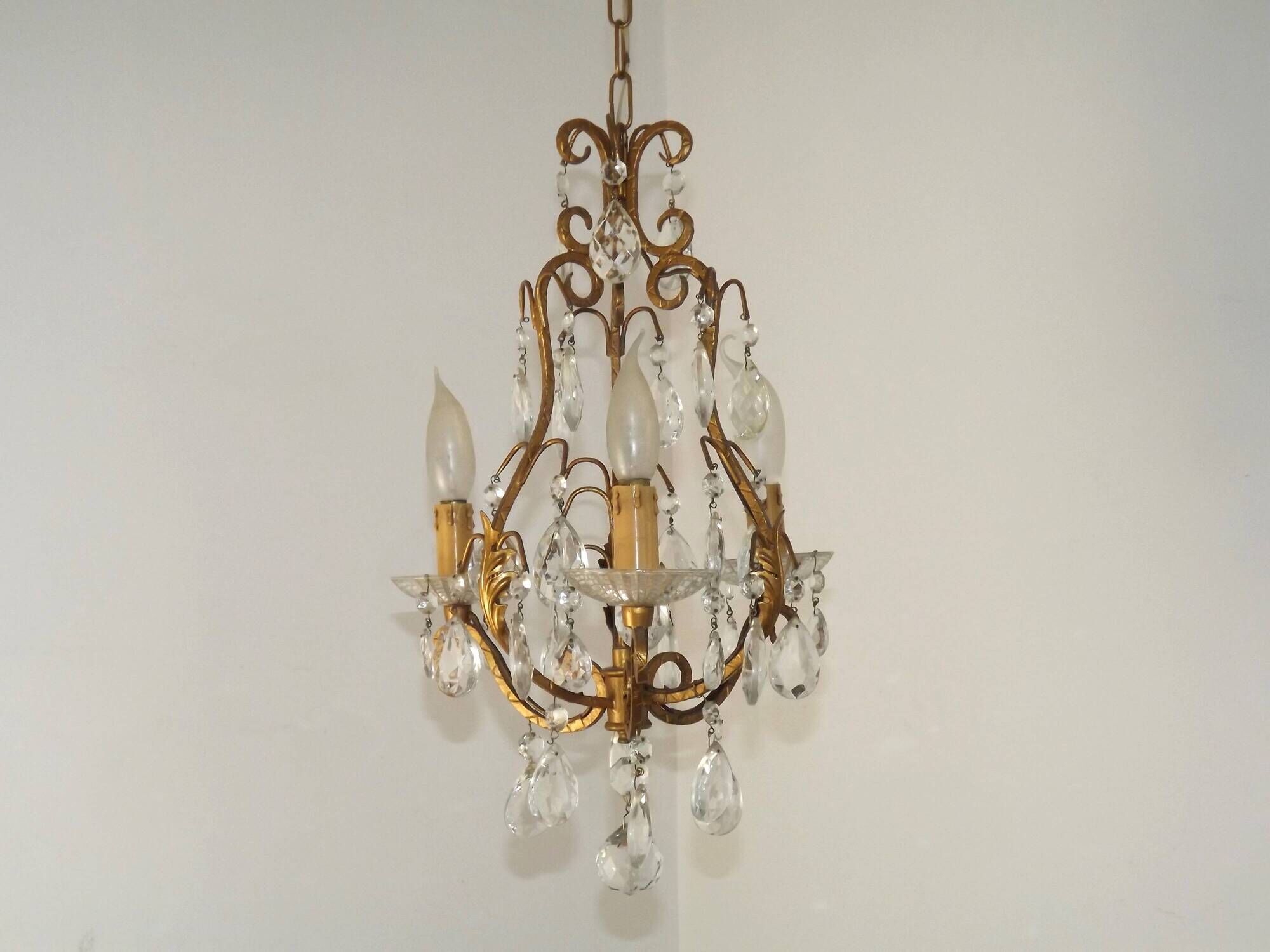 French Vintage Goldtone Metal & Crystal 3 Light Cage Chandelier 5502