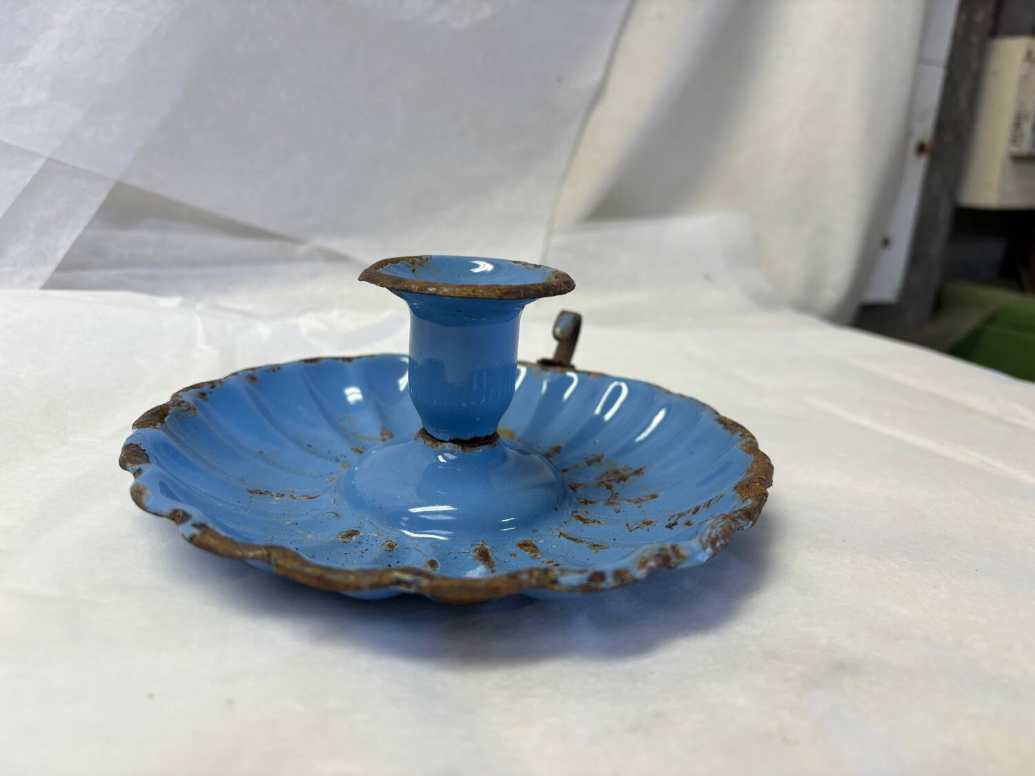 Blue enameled candle holder