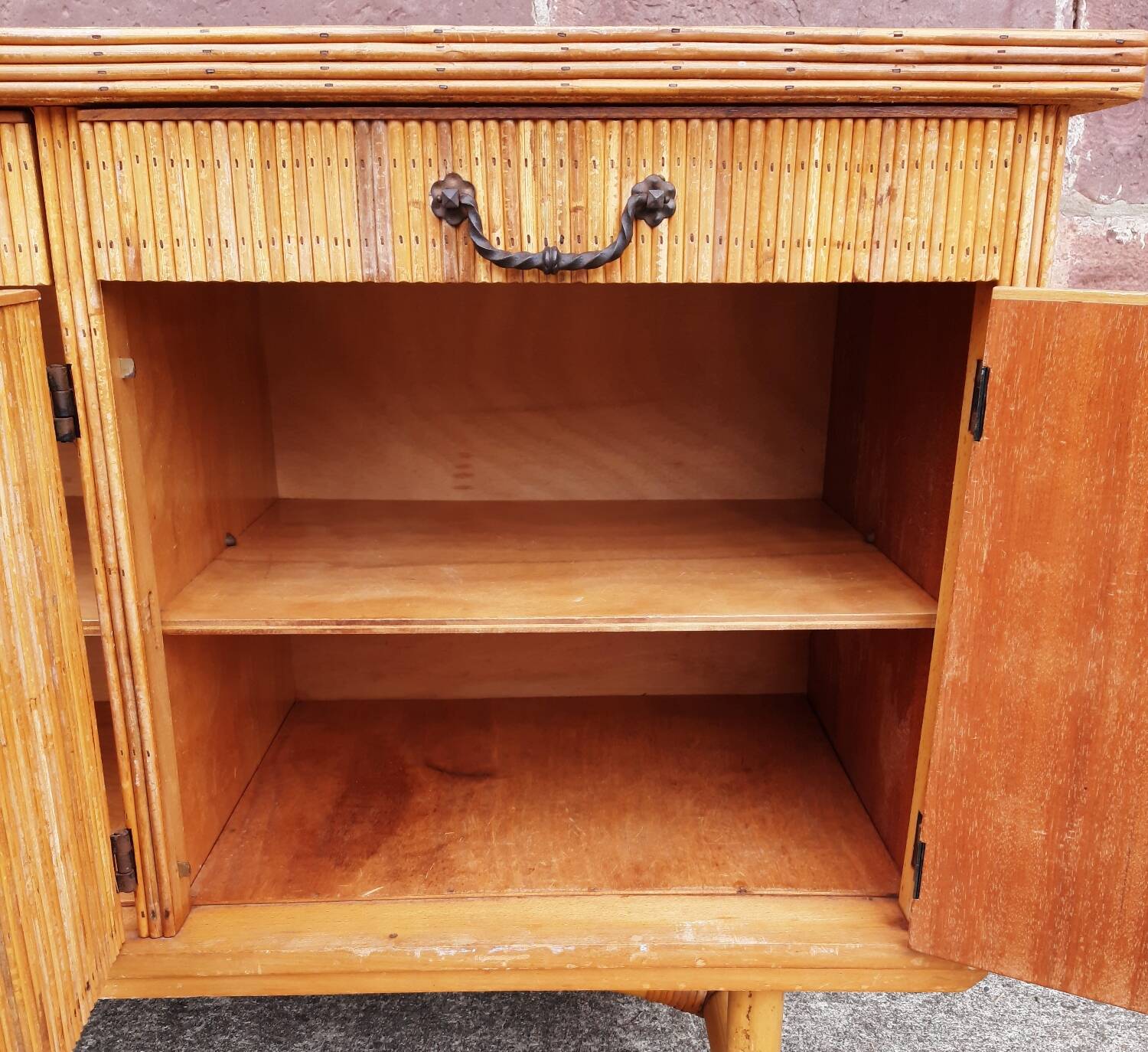 Console table in rattan and bamboo, (Attributed to Audoux-Minet)