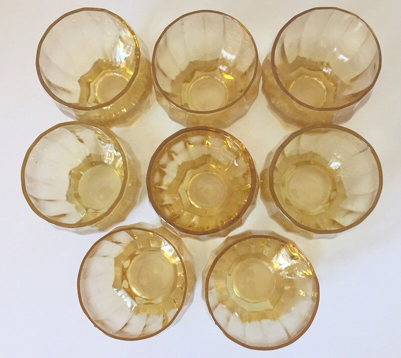 8 old amber-cut glass glasses