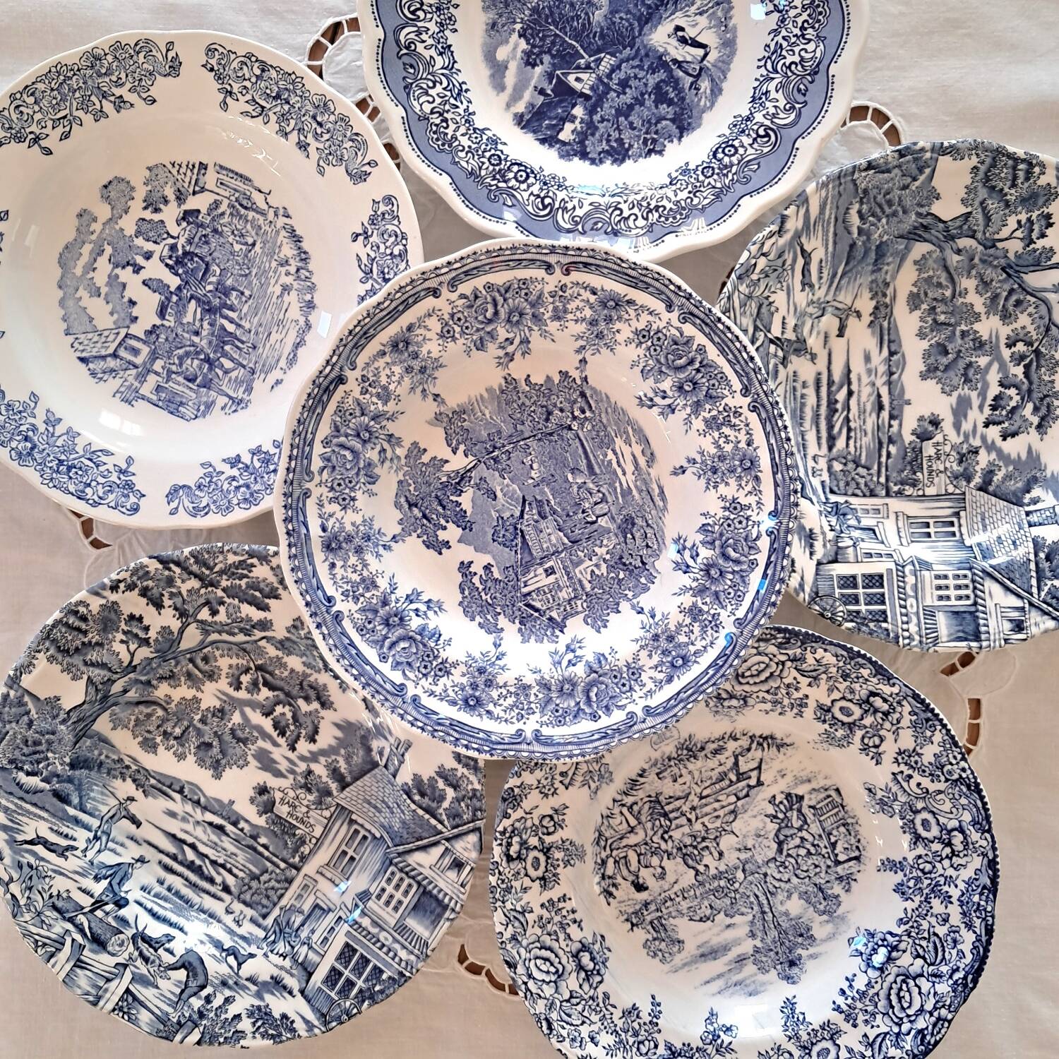 Mismatched antique soup plates