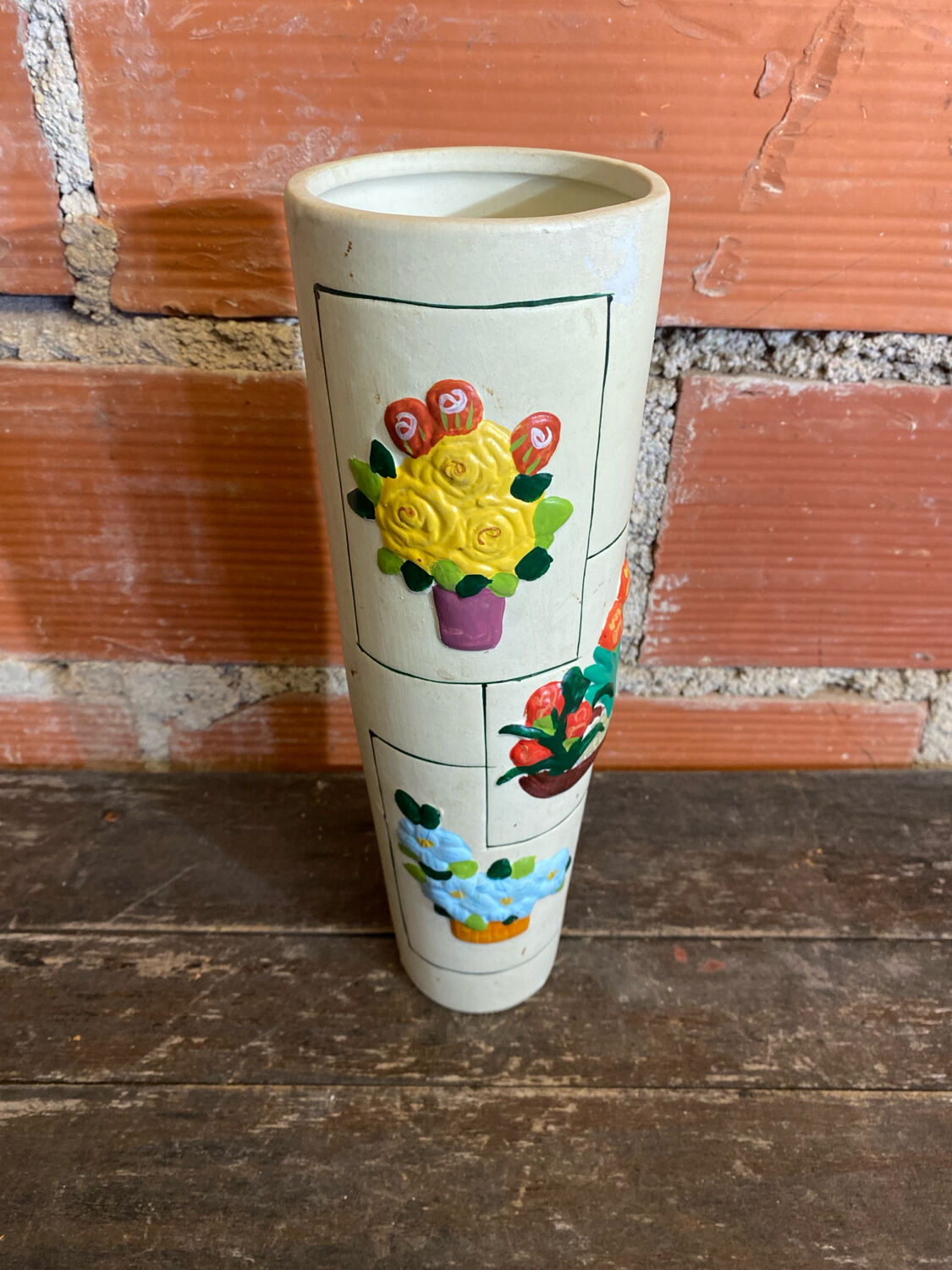 Old Rolled Vase Beige Ceramic Polychrome Flower Decor Vintage #D