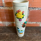 Old Rolled Vase Beige Ceramic Polychrome Flower Decor Vintage #D