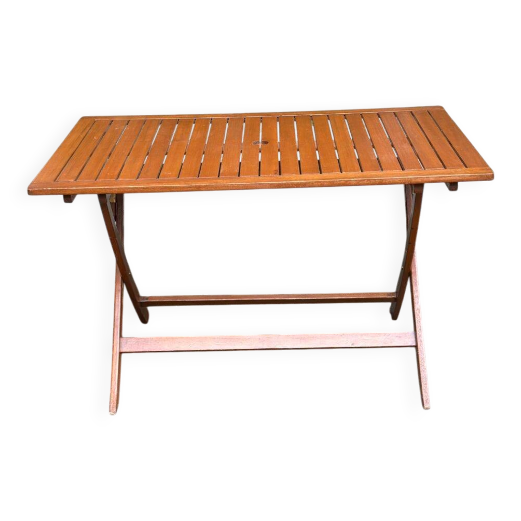 Foldable garden table in solid wood, signed 125x80cm.