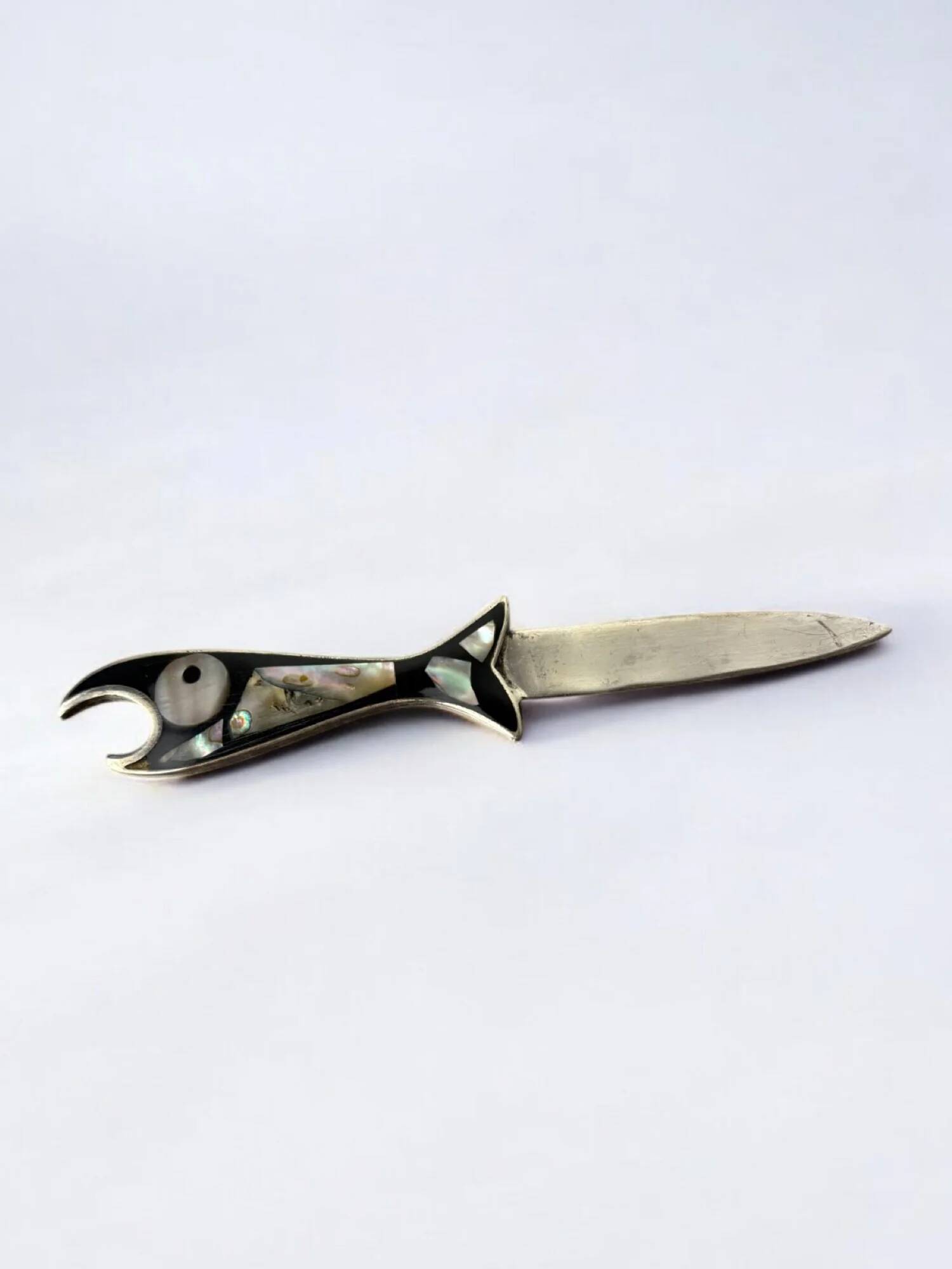Fish letter opener, abalone shell & alpaca, Mexico, 1980s