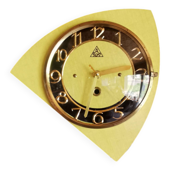 Vintage formica clock silent asymmetrical wall pendulum "DAM yellow black"