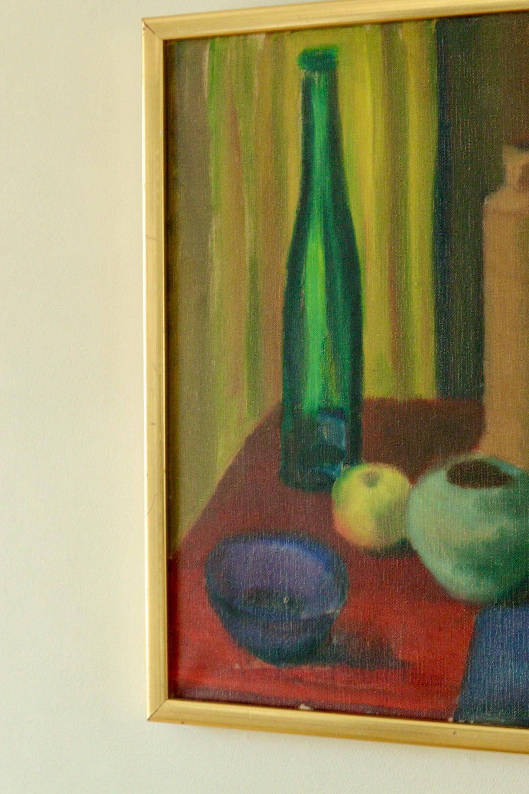 Oil on Swedish canvas "Still Life 'Bottles and Apples', Hugo Olson"