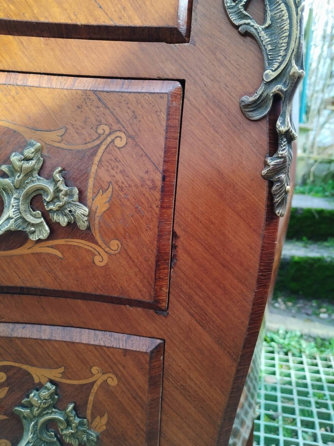 Louis xv style marble top marquetry chest of drawers