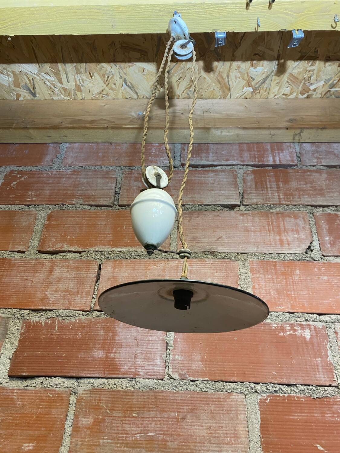 Industrial pendant light, mounted and lowered, green metal + vintage porcelain