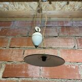 Industrial pendant light, mounted and lowered, green metal + vintage porcelain