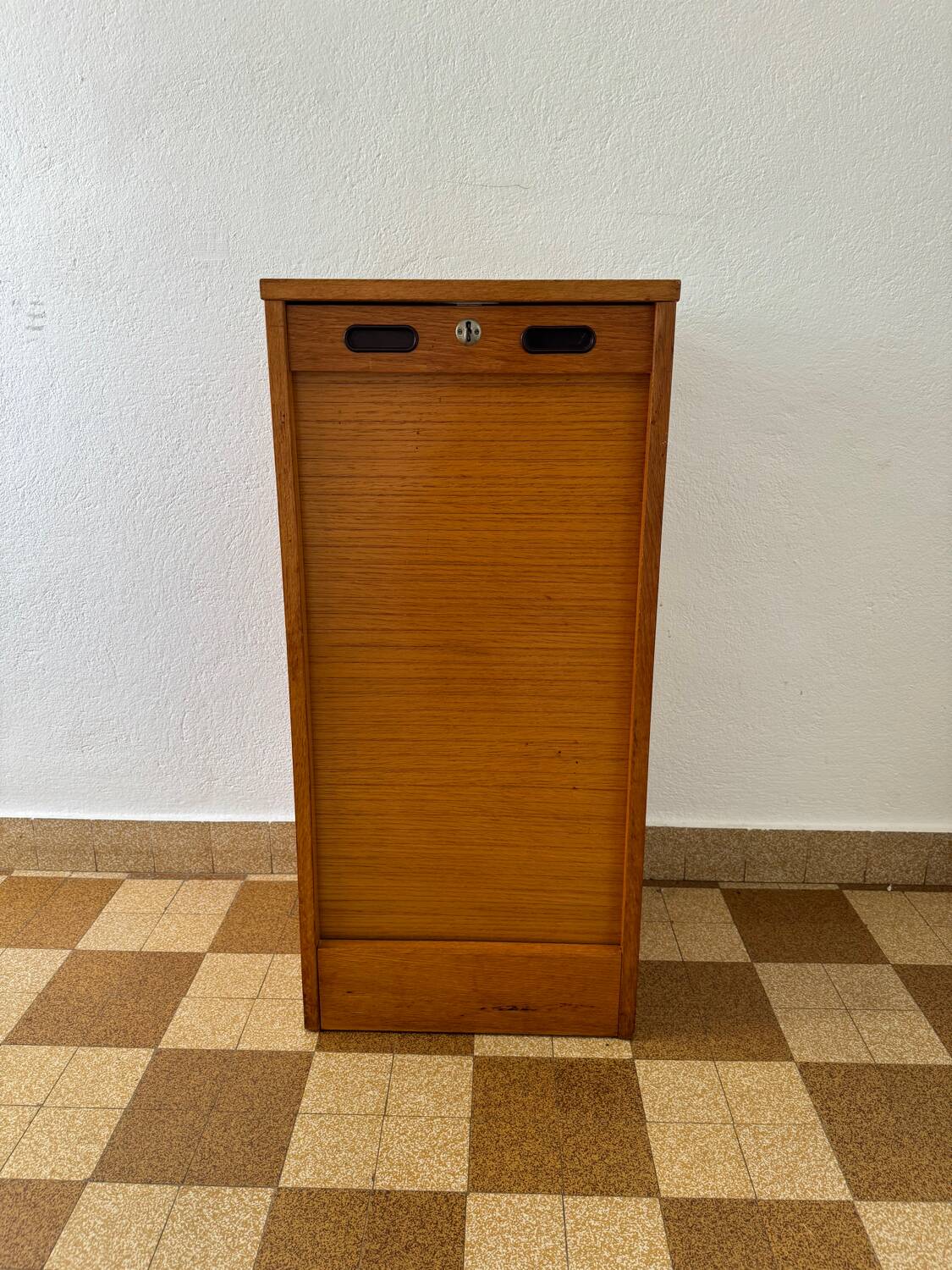 1960s wooden curtain filing cabinet