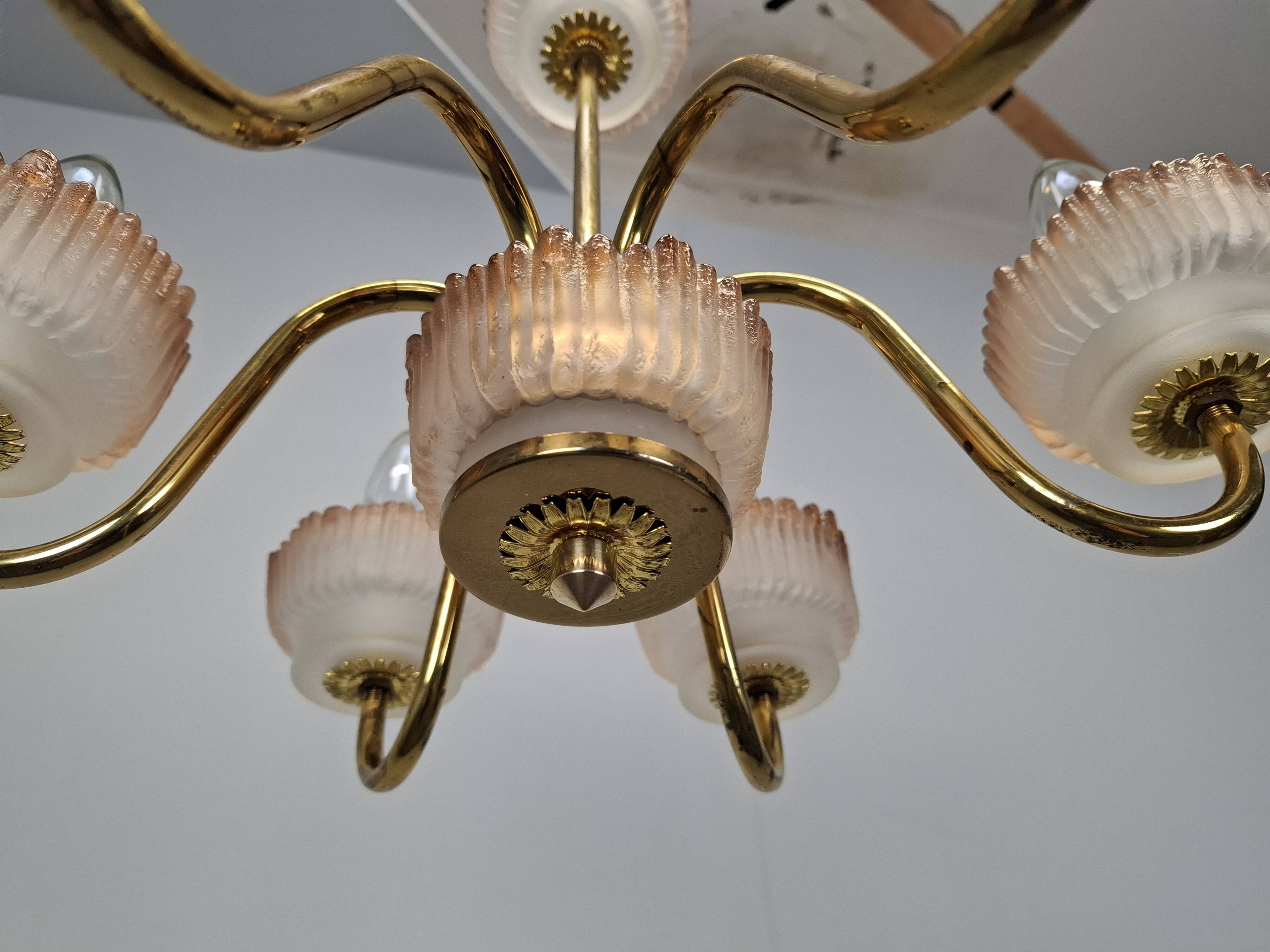 1960s Czech Mid-Century Brass and Železný Brod Frosted Glass Six-Arm Chandelier