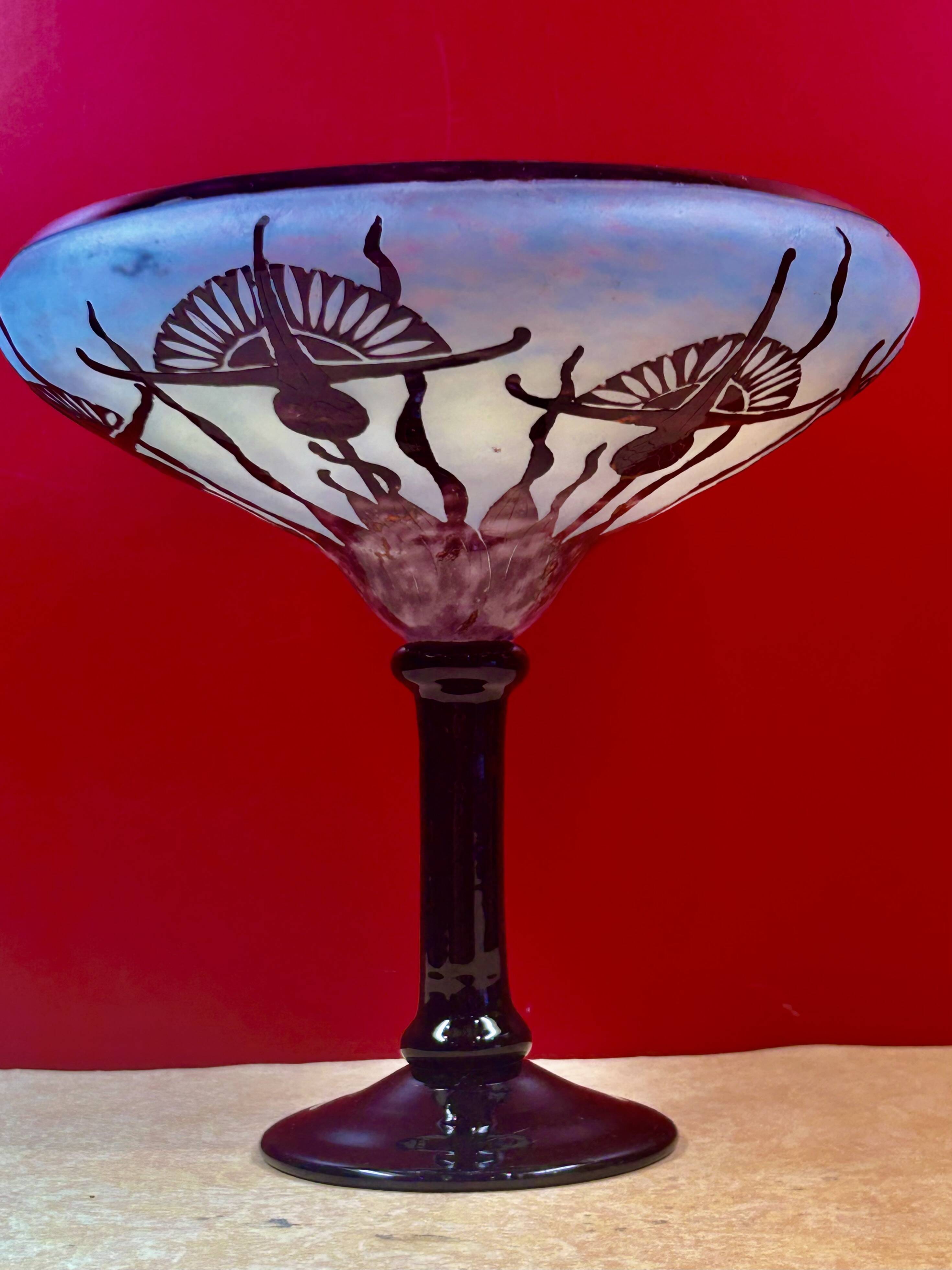 Large plant bowl vase of Thistles Signed Le Verre Français Art Nouveau 192