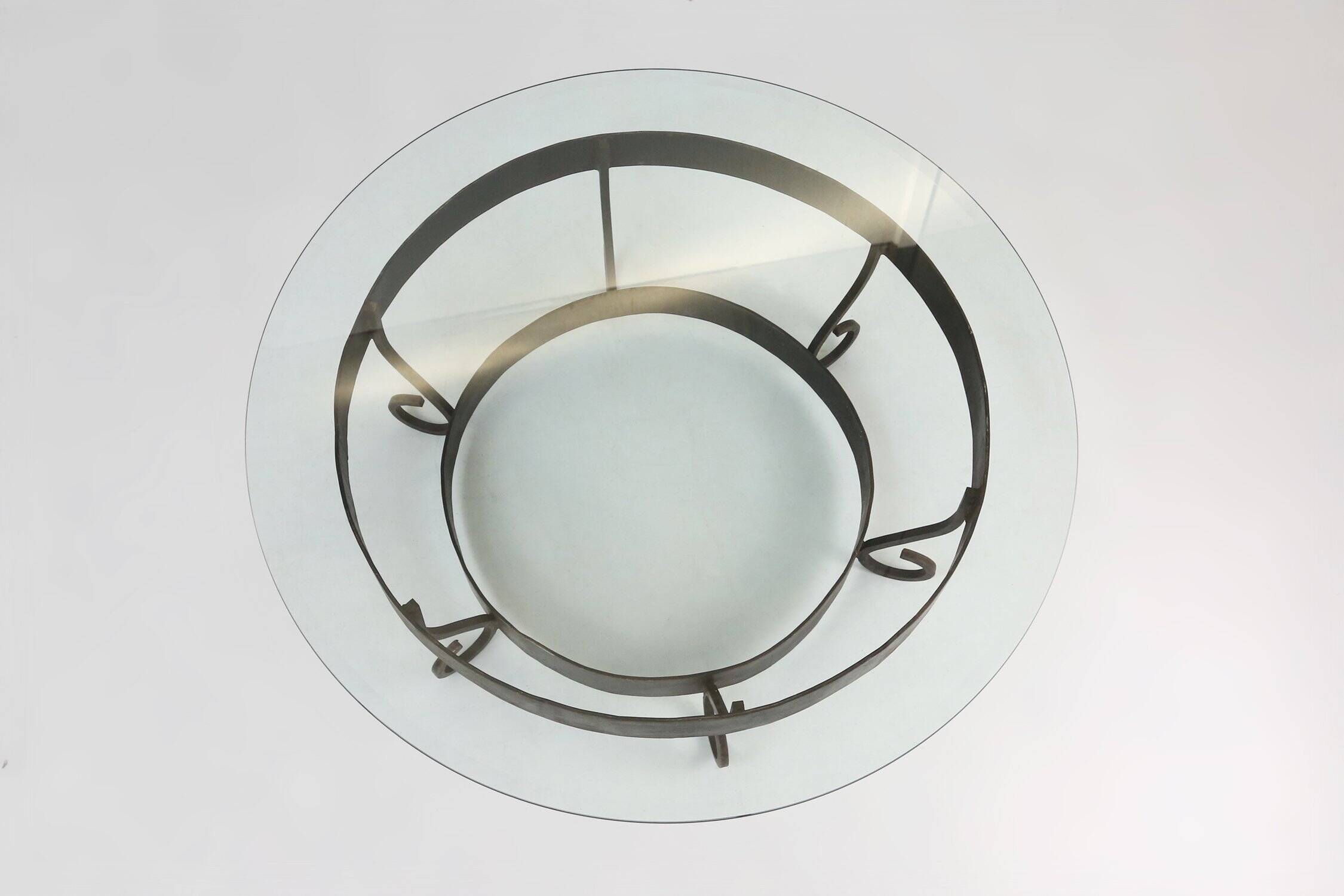 Round Coffee Table with Wrought Iron Base and Glass Top, France, 1930s