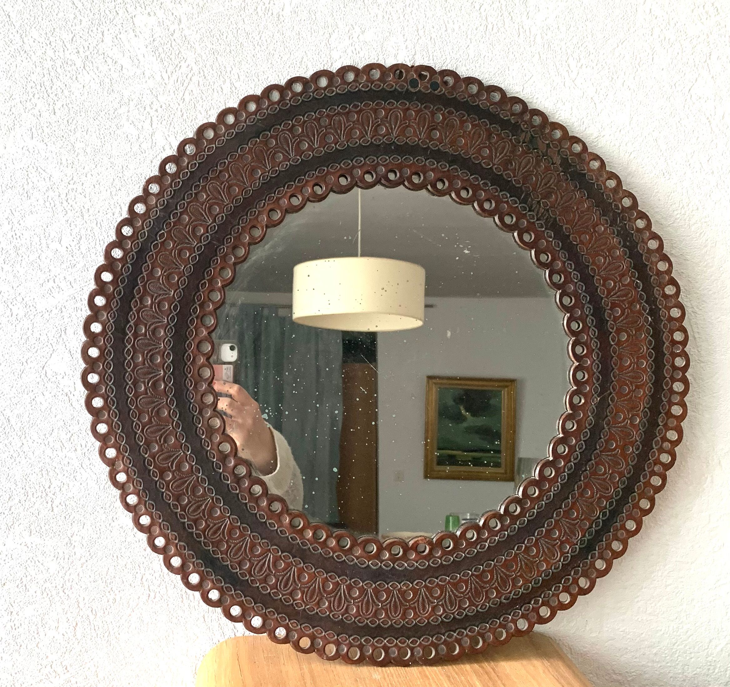 Round mirror leather frame 50cm