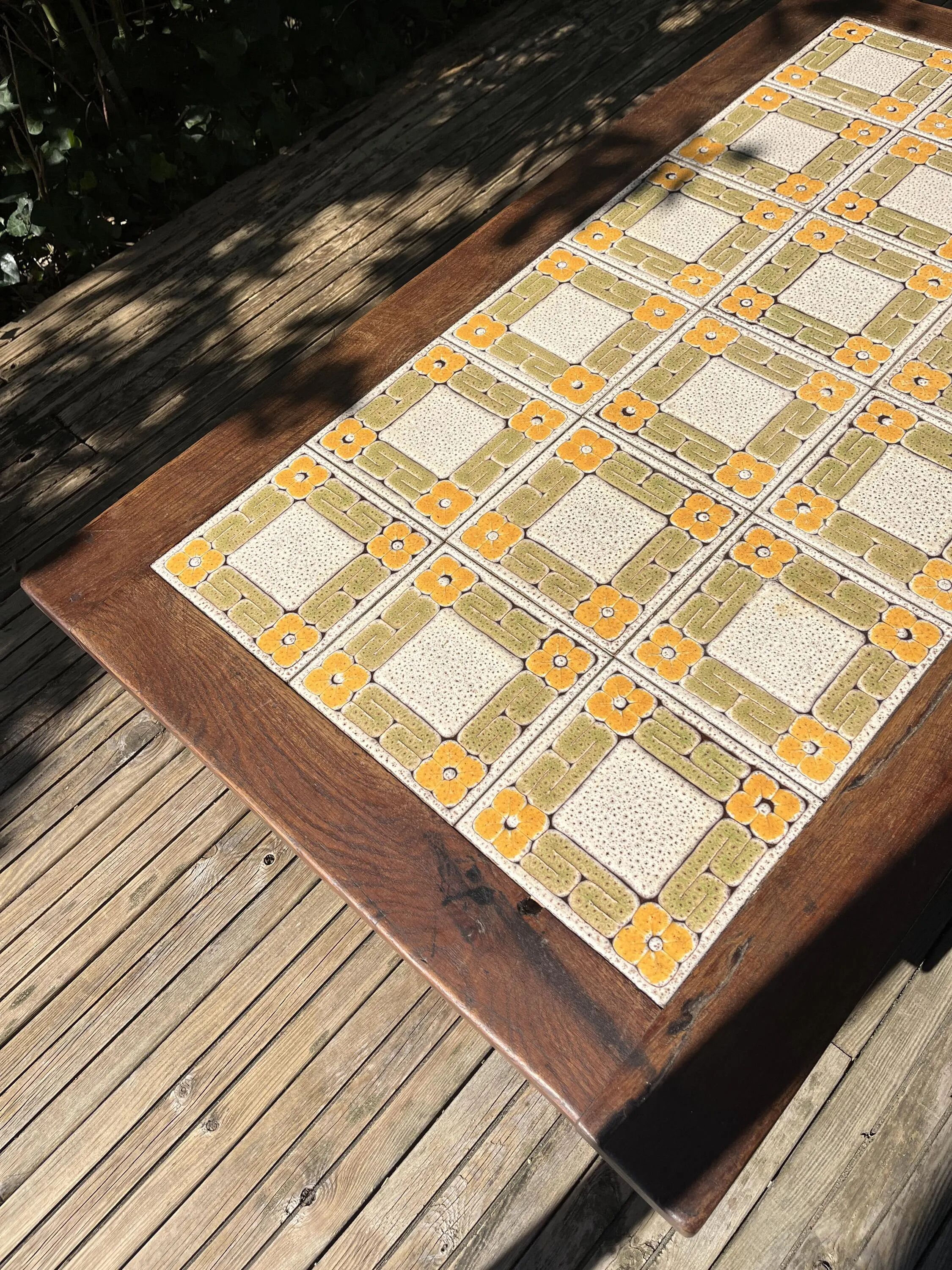 Large vintage 1960s oak and ceramic coffee table.