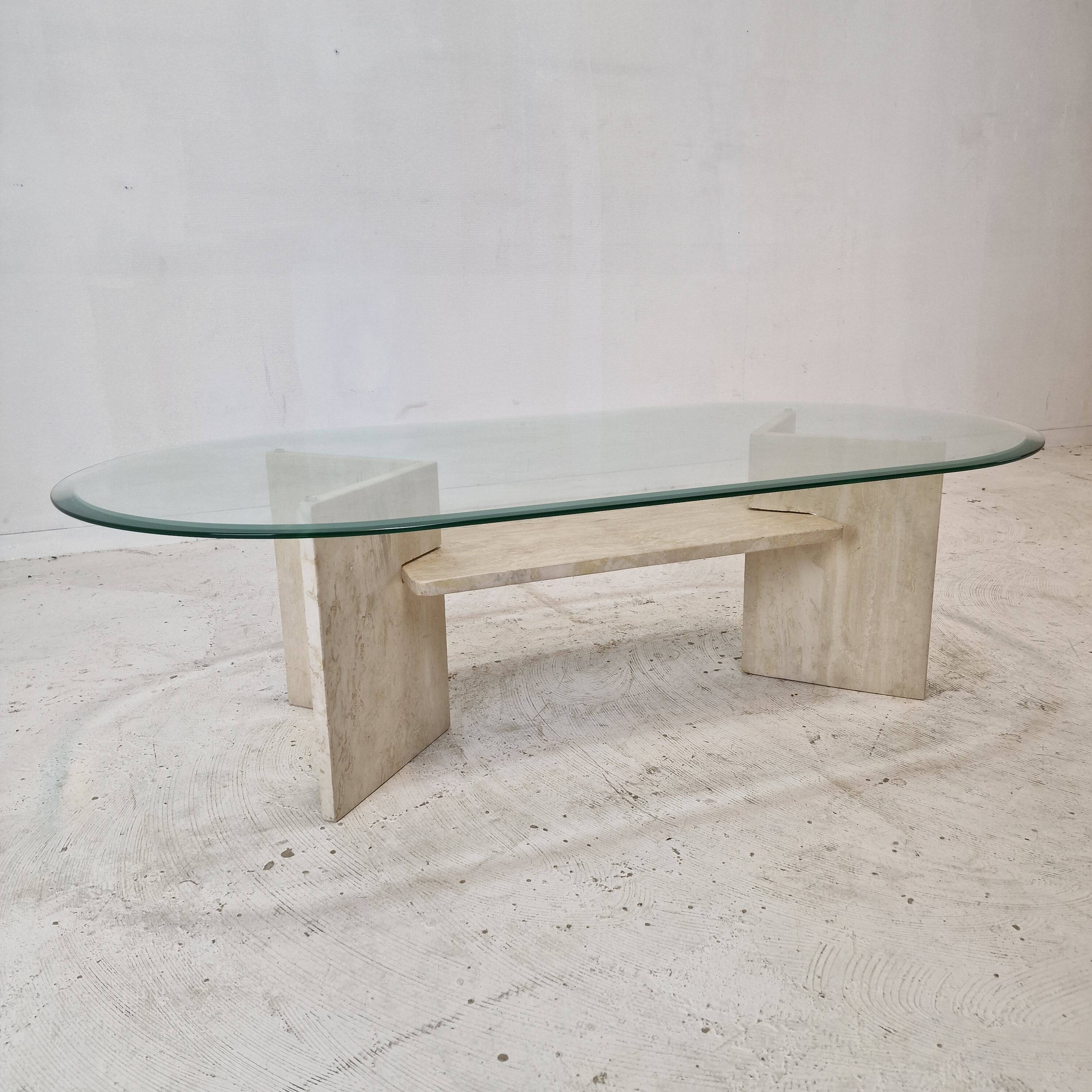 Italian Coffee Table in Travertine and Facet Cut Glass, 1980s