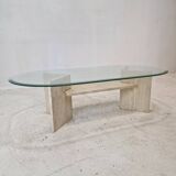 Italian Coffee Table in Travertine and Facet Cut Glass, 1980s