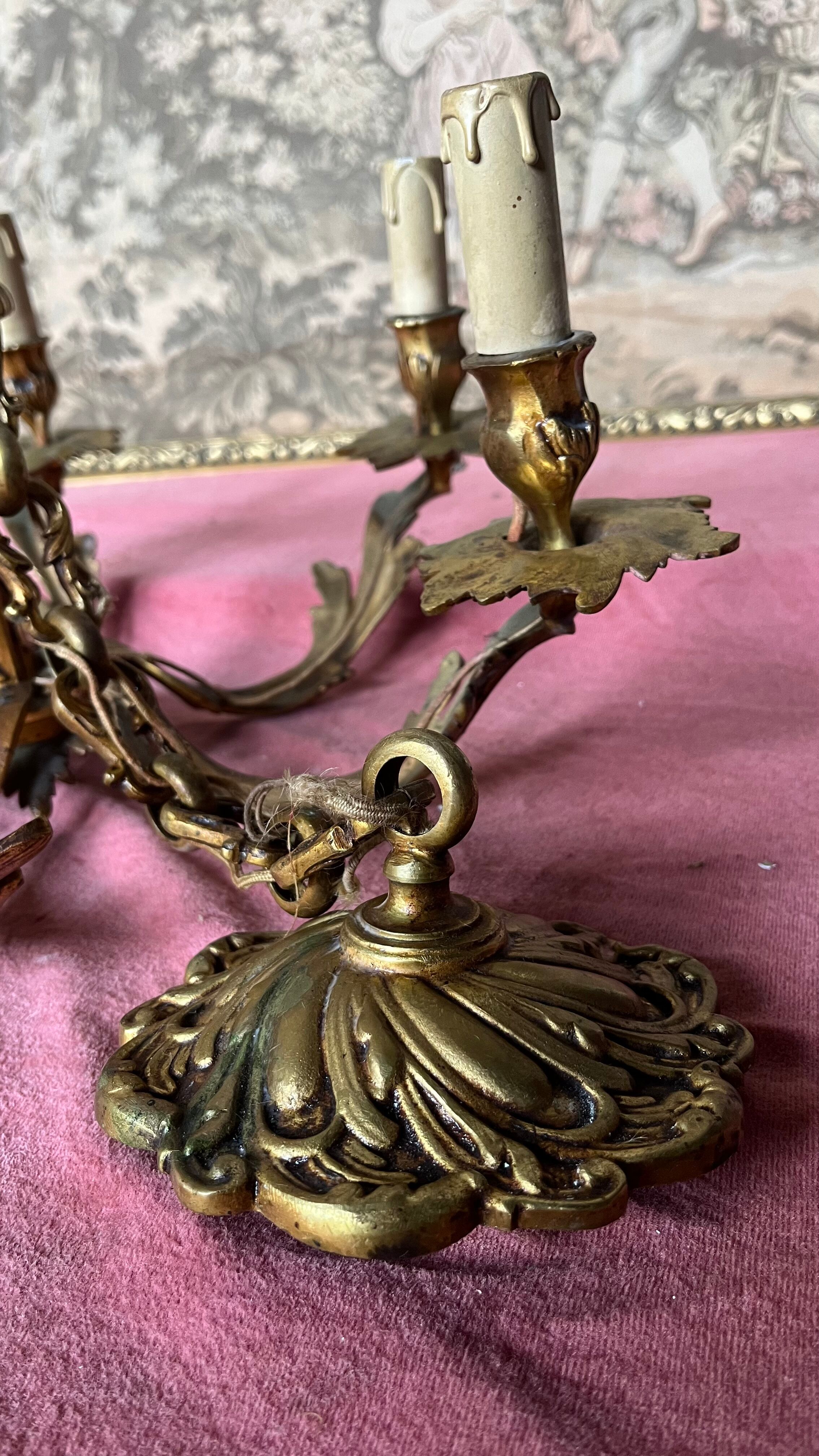 Lustre bronze doré 6 bougies annees 100