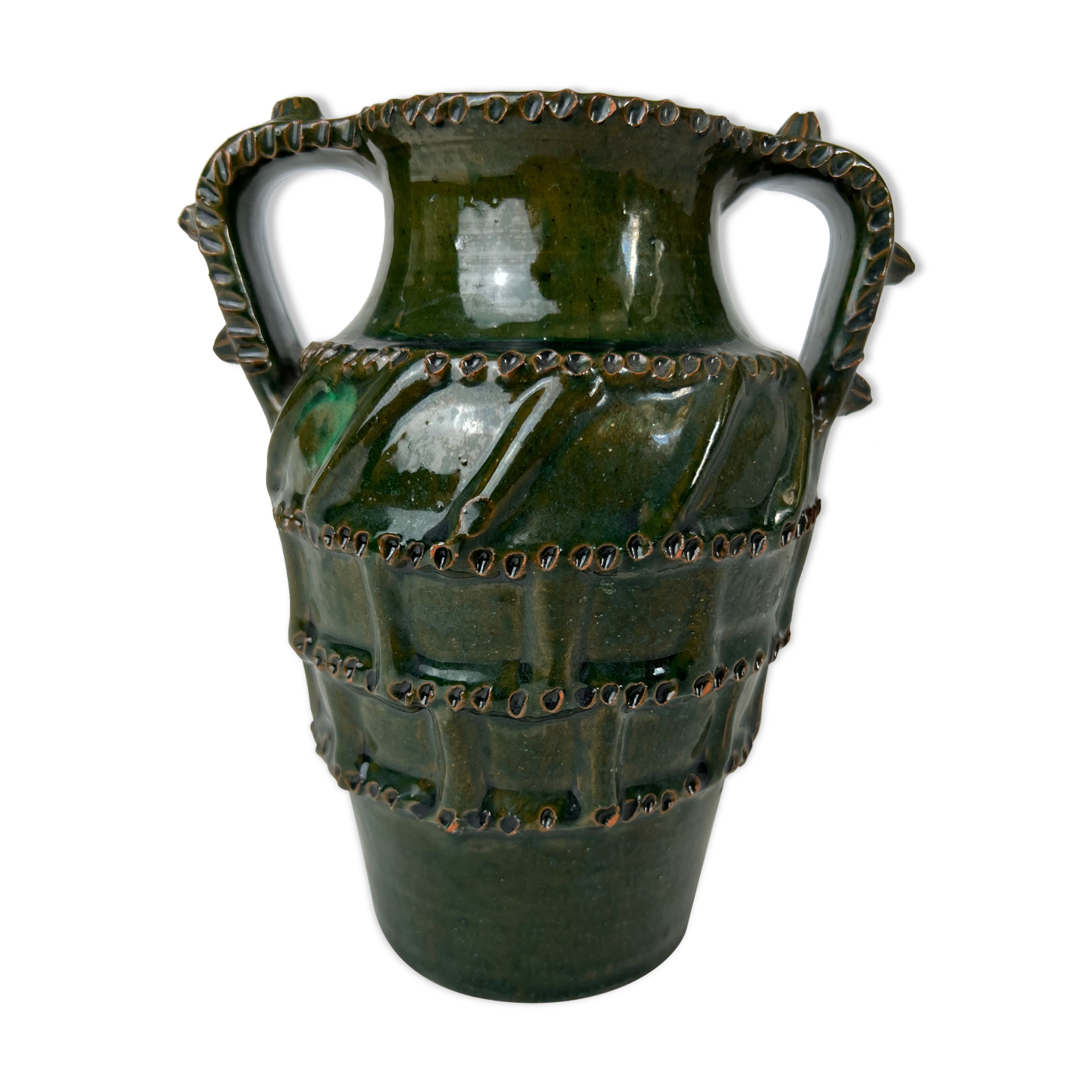Terracotta jar with dark green handles